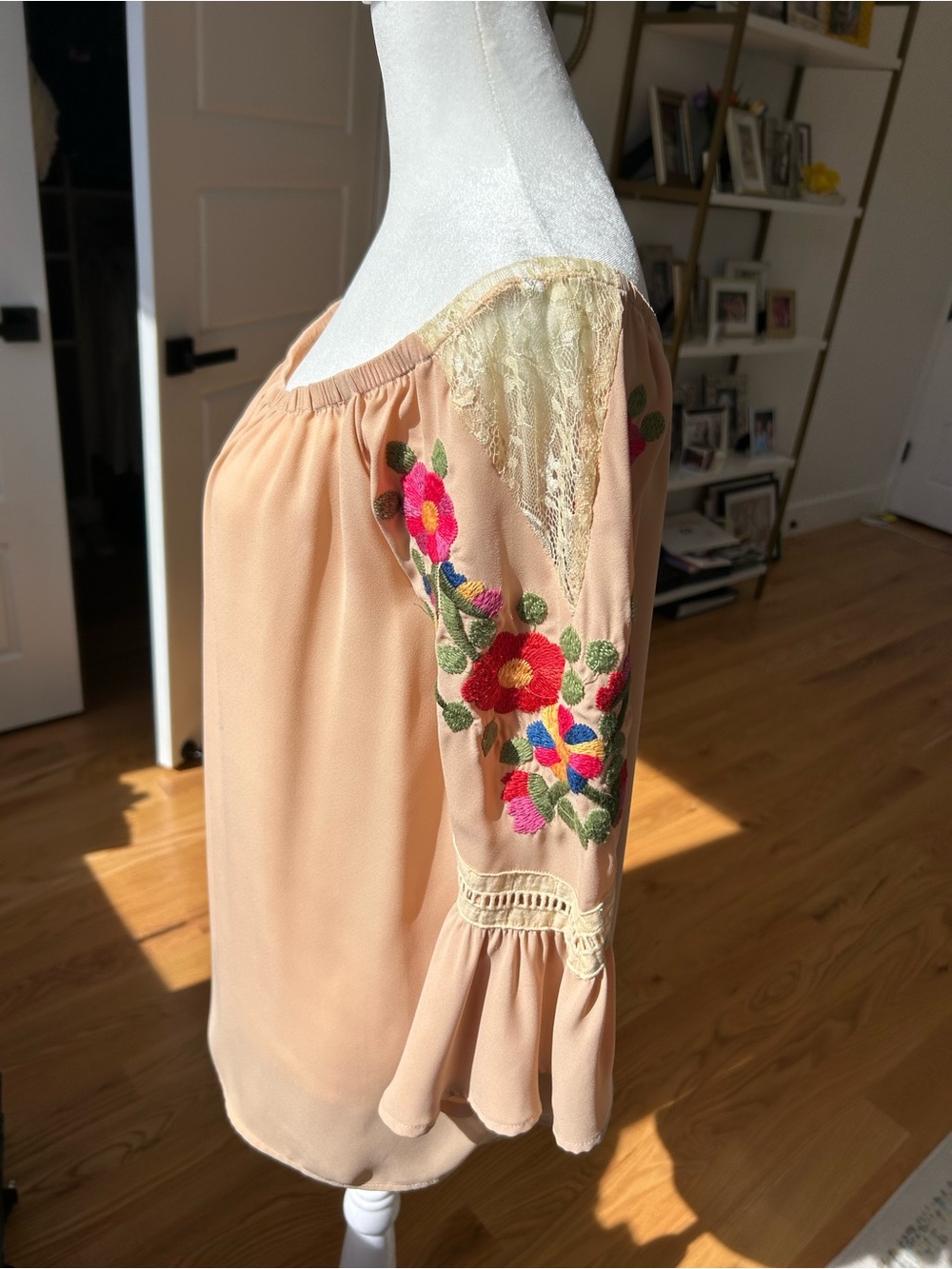 Peach/tan Off-Shoulder Embroidered Bell-Sleeve Top-VaVa by Joy Han S